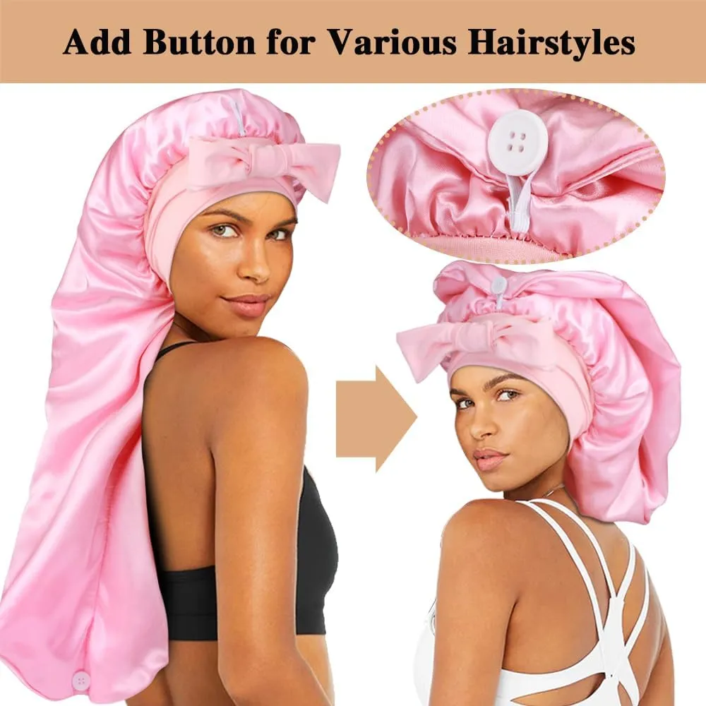 1 3 Long Satin Bonnets with Scrunchies for Women Sleeping, Double Layer Large Braid Bonnet with Tie Band
