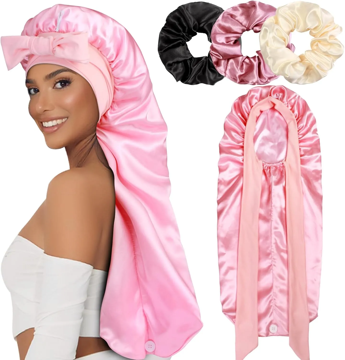 1 3 Long Satin Bonnets with Scrunchies for Women Sleeping, Double Layer Large Braid Bonnet with Tie Band