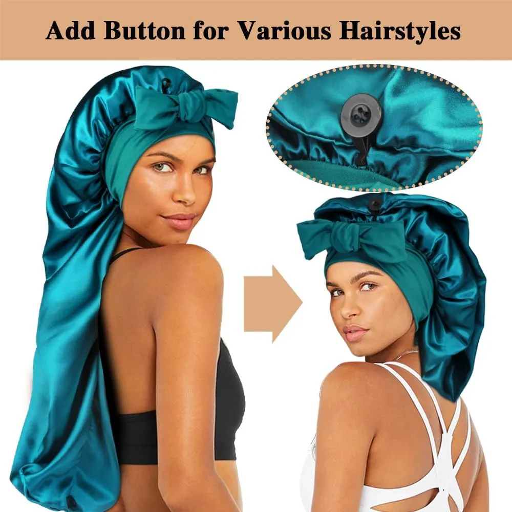 1 3 Long Satin Bonnets with Scrunchies for Women Sleeping, Double Layer Large Braid Bonnet with Tie Band