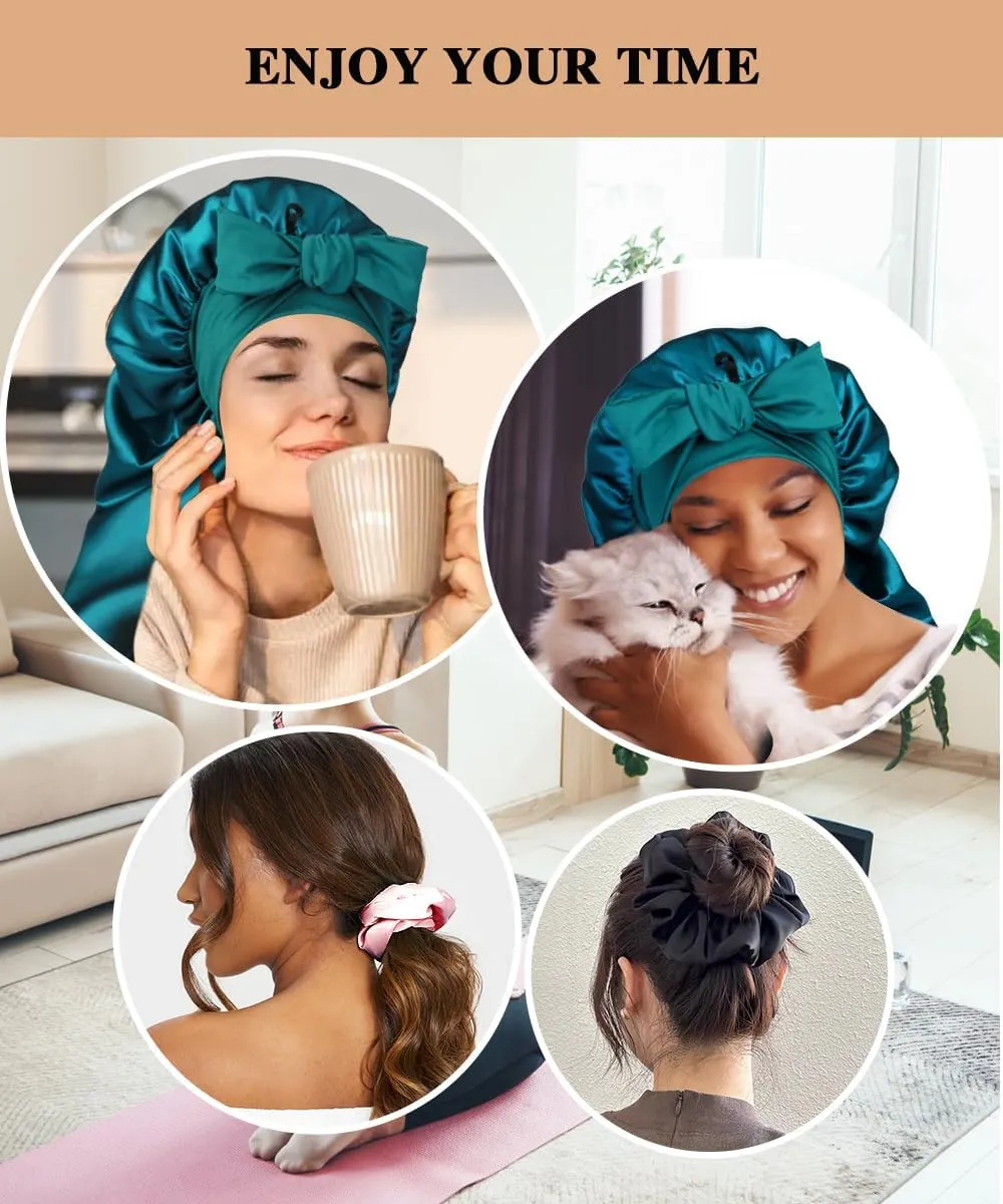 1 3 Long Satin Bonnets with Scrunchies for Women Sleeping, Double Layer Large Braid Bonnet with Tie Band