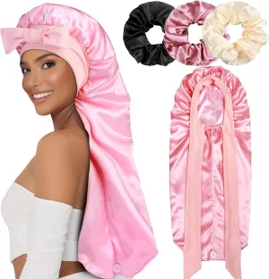 1 3 Long Satin Bonnets with Scrunchies for Women Sleeping, Double Layer Large Braid Bonnet with Tie Band