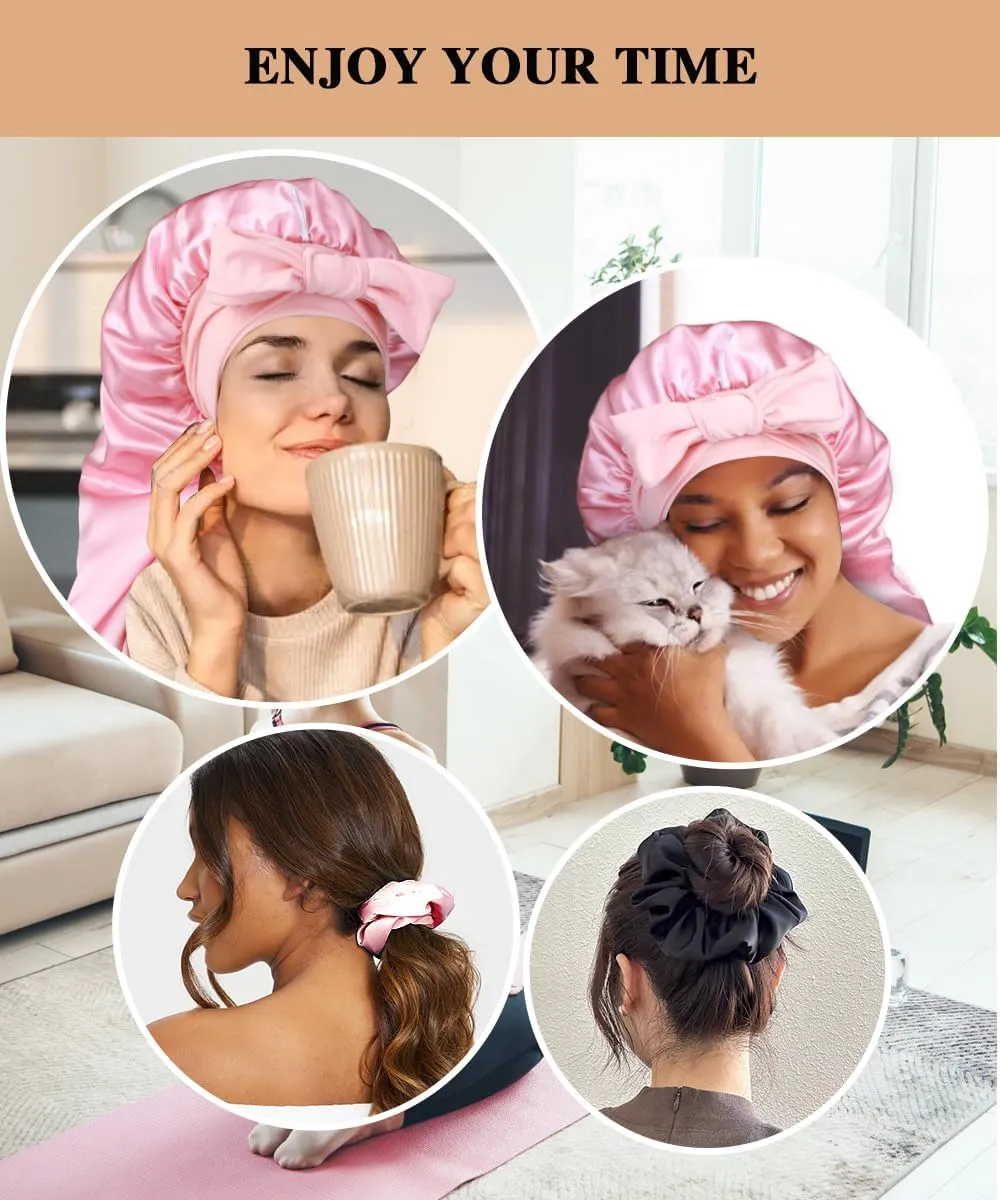1 3 Long Satin Bonnets with Scrunchies for Women Sleeping, Double Layer Large Braid Bonnet with Tie Band