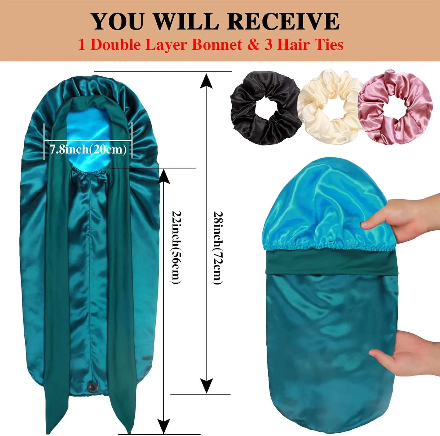 1 3 Long Satin Bonnets with Scrunchies for Women Sleeping, Double Layer Large Braid Bonnet with Tie Band