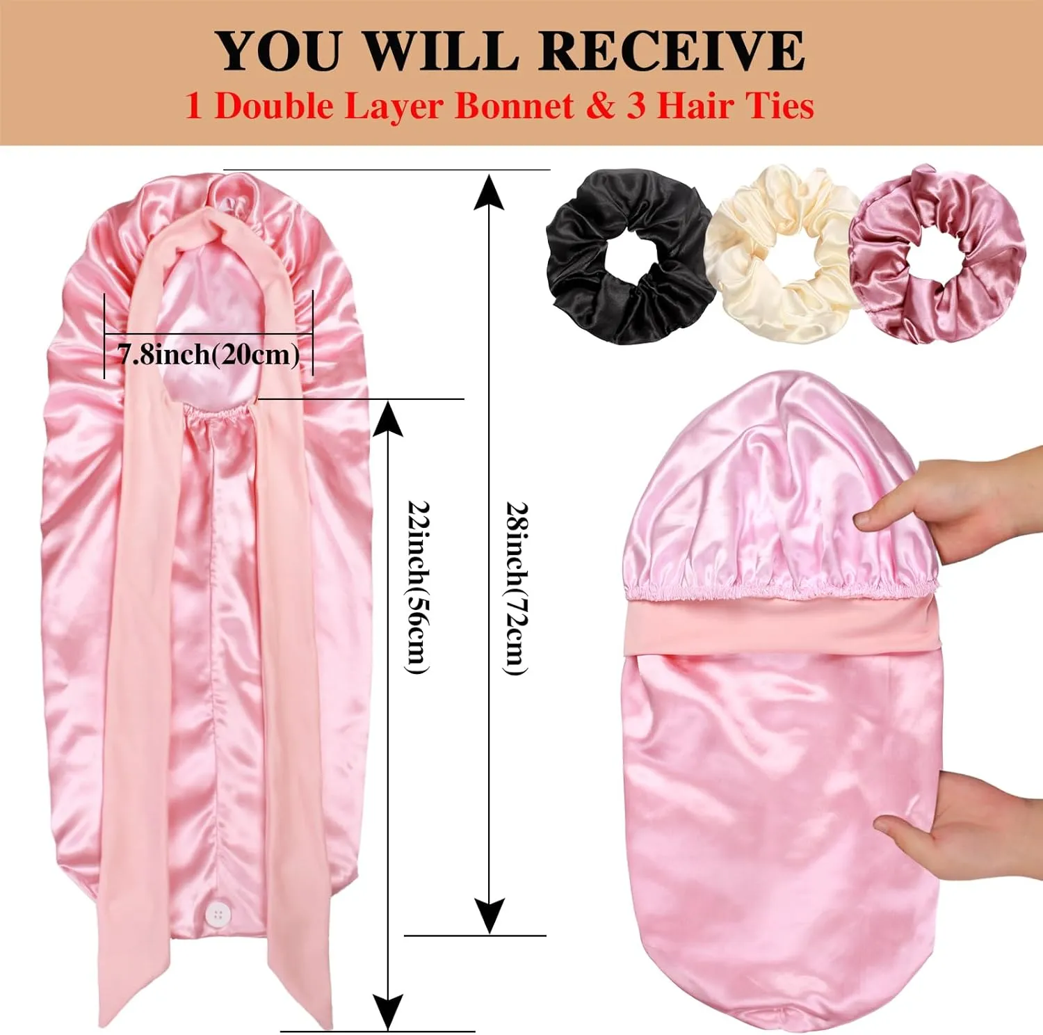 1 3 Long Satin Bonnets with Scrunchies for Women Sleeping, Double Layer Large Braid Bonnet with Tie Band