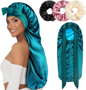 1 3 Long Satin Bonnets with Scrunchies for Women Sleeping, Double Layer Large Braid Bonnet with Tie Band