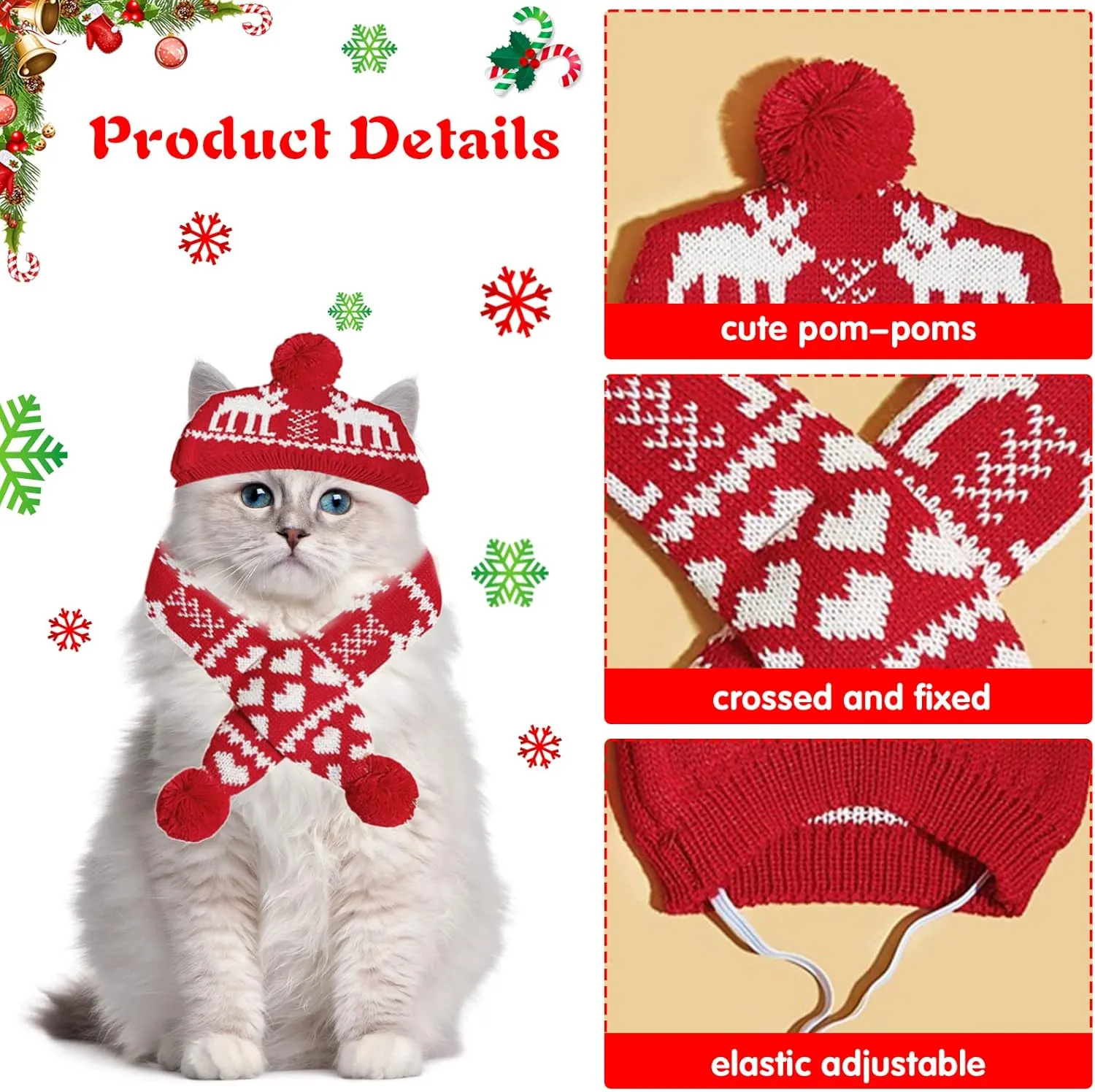2 Pieces Christmas Pet Hat Scarf Set Winter Warm Puppy Collar Knitting Pet Hat Dog Cat Costume Accessories Adjustable Print Scarf and Hat for Small to Medium Pets (Small, Deer)