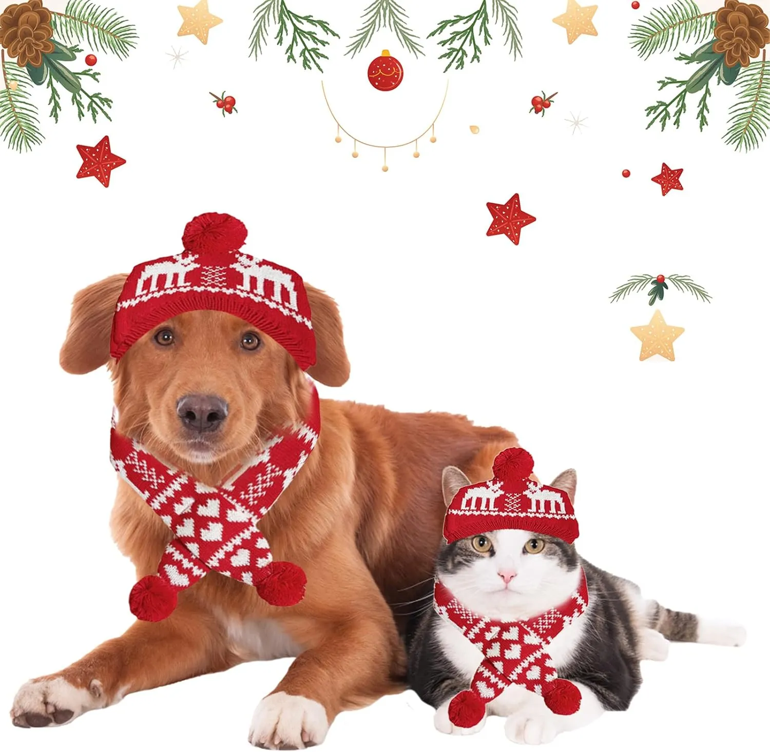 2 Pieces Christmas Pet Hat Scarf Set Winter Warm Puppy Collar Knitting Pet Hat Dog Cat Costume Accessories Adjustable Print Scarf and Hat for Small to Medium Pets (Small, Deer)