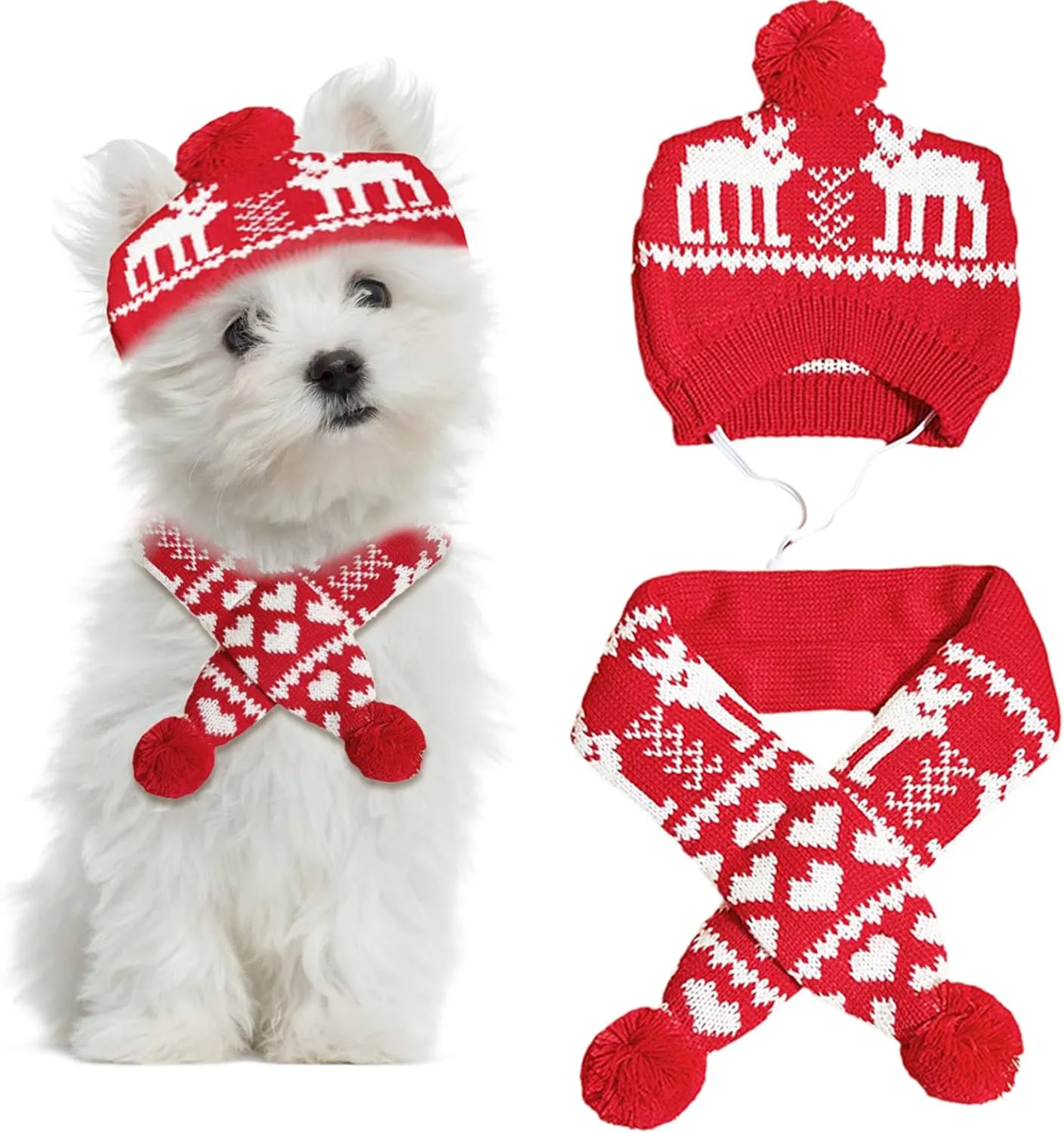2 Pieces Christmas Pet Hat Scarf Set Winter Warm Puppy Collar Knitting Pet Hat Dog Cat Costume Accessories Adjustable Print Scarf and Hat for Small to Medium Pets (Small, Deer)