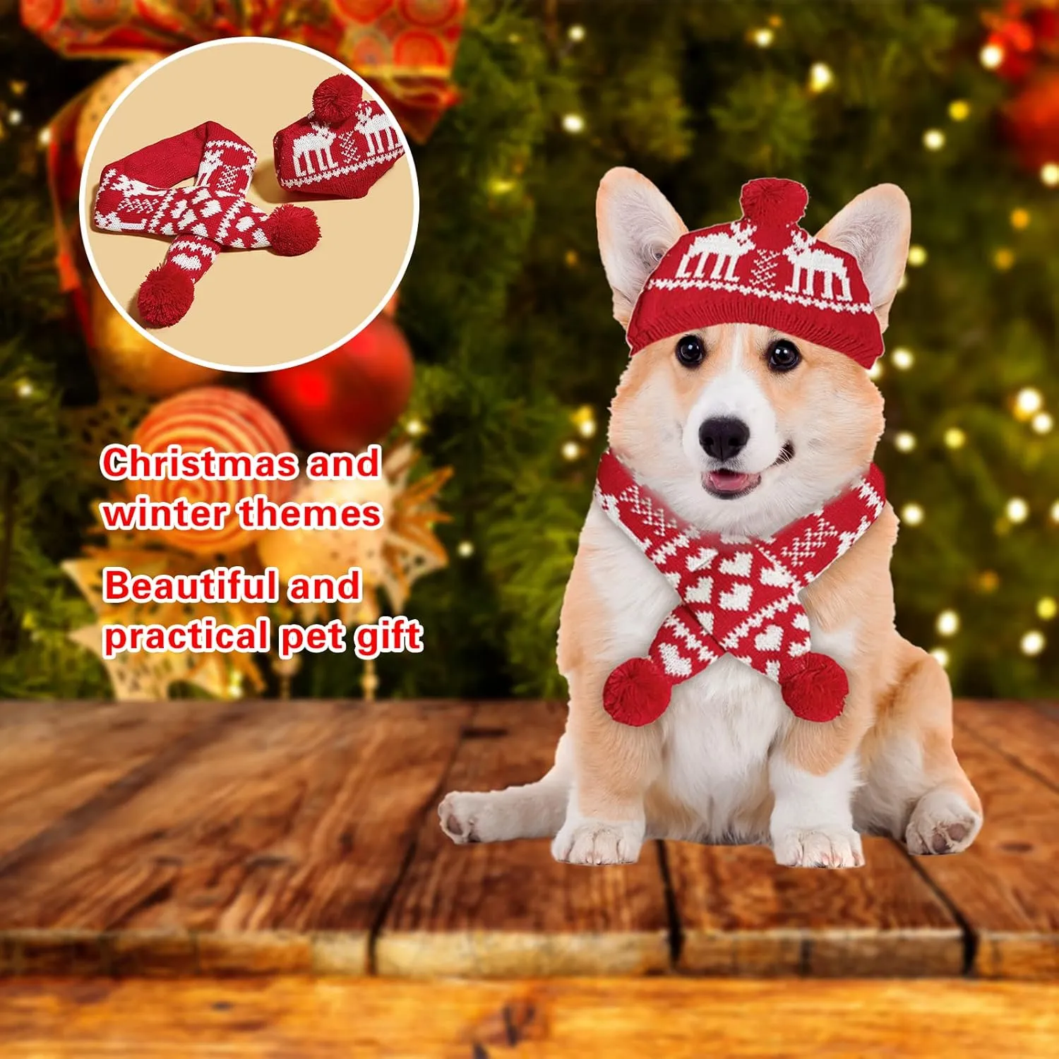 2 Pieces Christmas Pet Hat Scarf Set Winter Warm Puppy Collar Knitting Pet Hat Dog Cat Costume Accessories Adjustable Print Scarf and Hat for Small to Medium Pets (Small, Deer)
