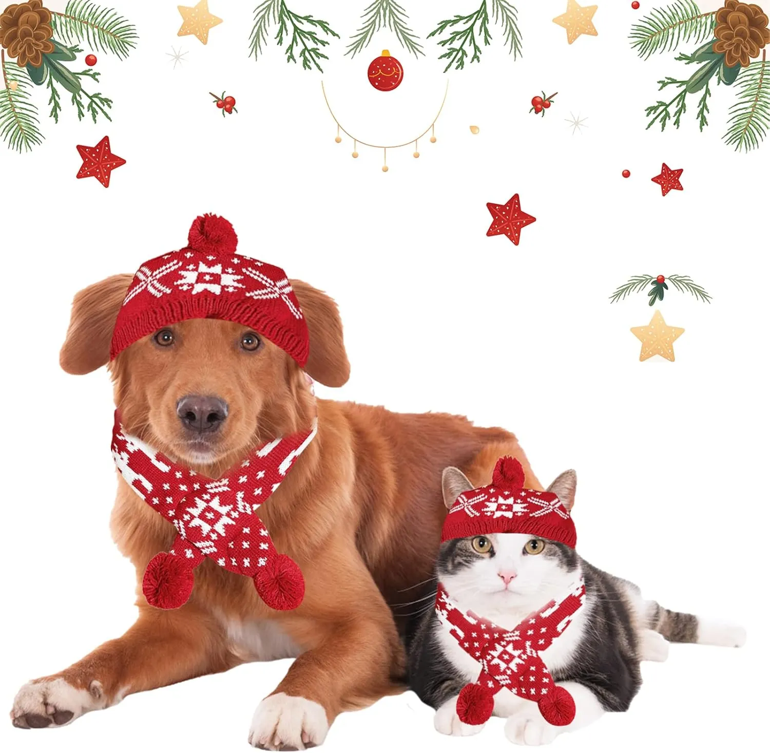 2 Pieces Christmas Pet Hat Scarf Set Winter Warm Puppy Collar Knitting Pet Hat Dog Cat Costume Accessories Adjustable Print Scarf and Hat for Small to Medium Pets (Small, Snowflake)