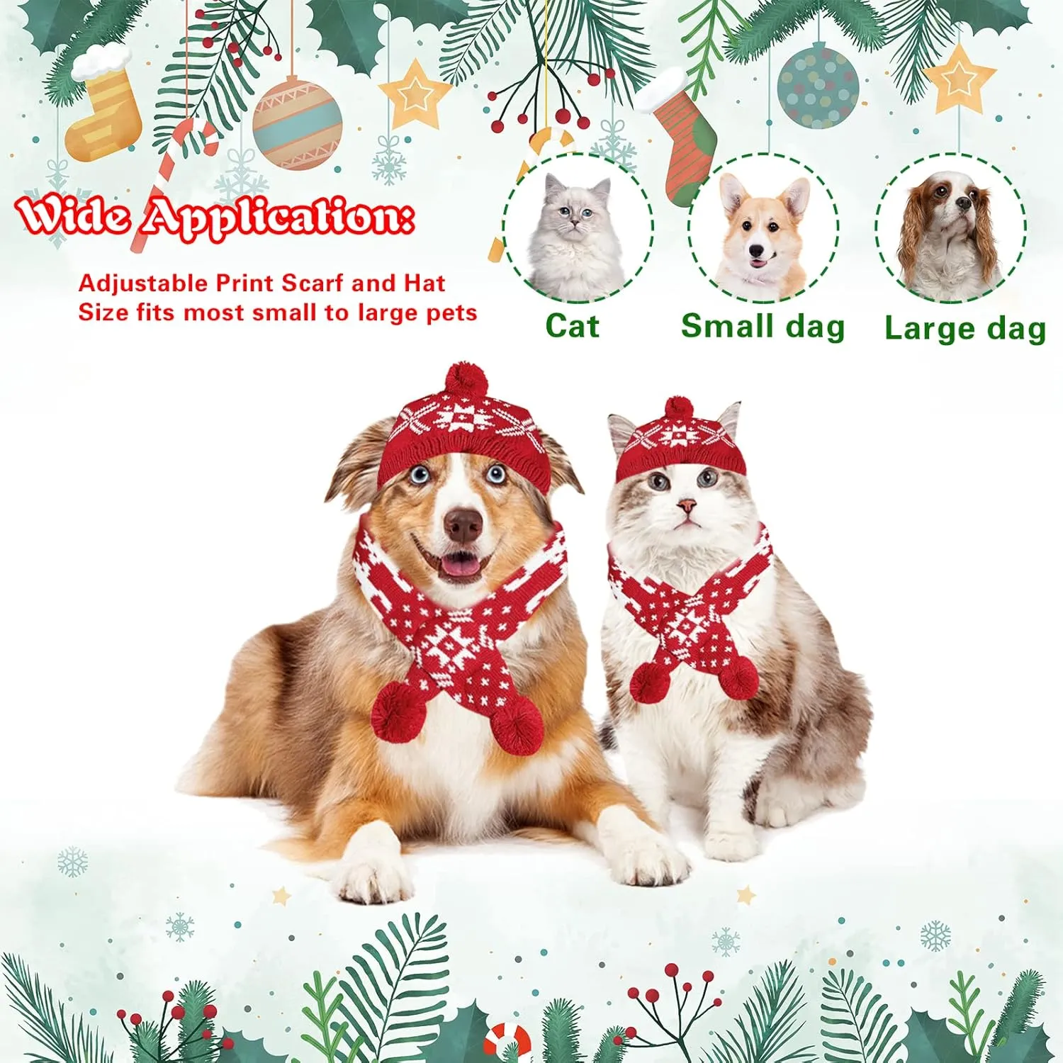 2 Pieces Christmas Pet Hat Scarf Set Winter Warm Puppy Collar Knitting Pet Hat Dog Cat Costume Accessories Adjustable Print Scarf and Hat for Small to Medium Pets (Small, Snowflake)