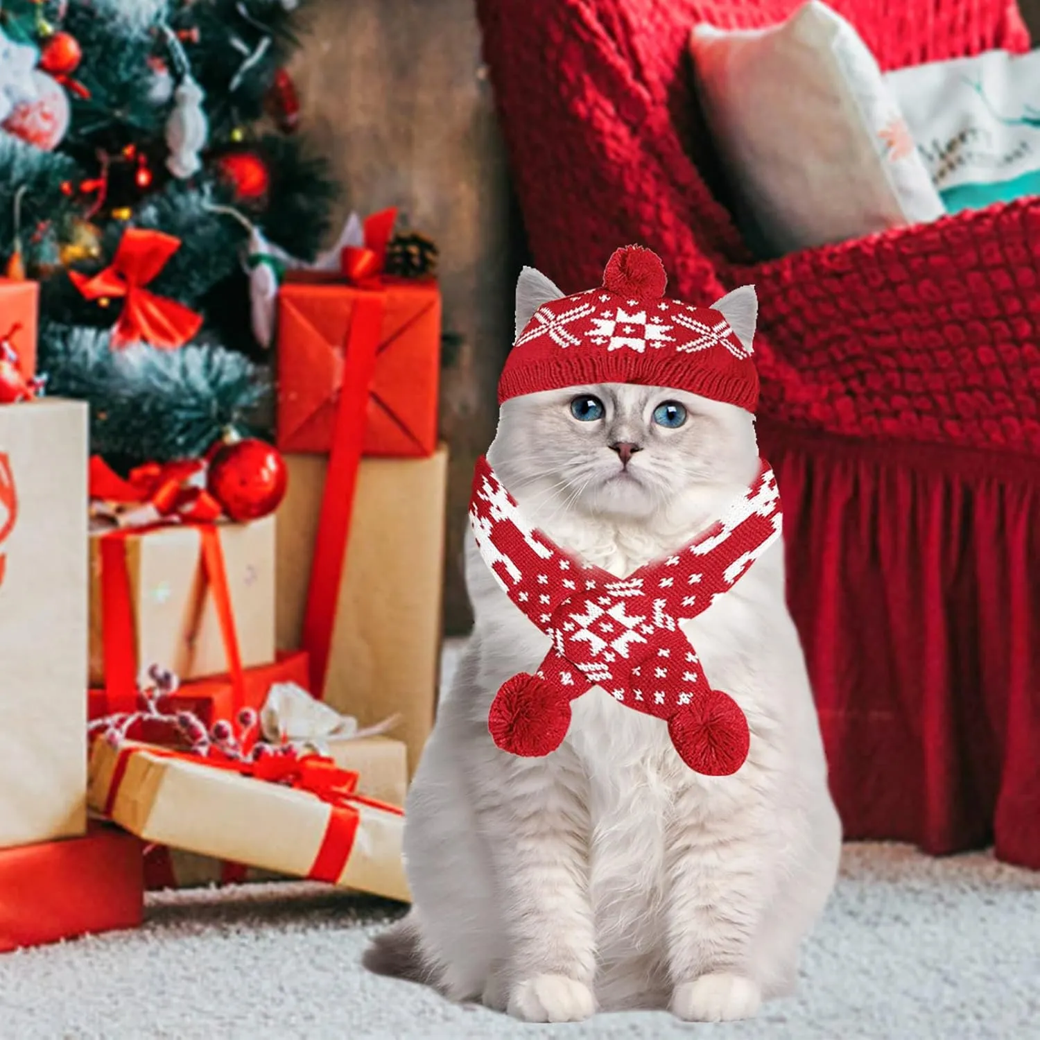 2 Pieces Christmas Pet Hat Scarf Set Winter Warm Puppy Collar Knitting Pet Hat Dog Cat Costume Accessories Adjustable Print Scarf and Hat for Small to Medium Pets (Small, Snowflake)