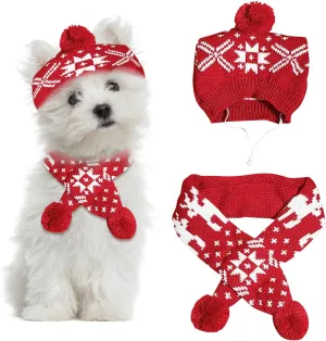 2 Pieces Christmas Pet Hat Scarf Set Winter Warm Puppy Collar Knitting Pet Hat Dog Cat Costume Accessories Adjustable Print Scarf and Hat for Small to Medium Pets (Small, Snowflake)