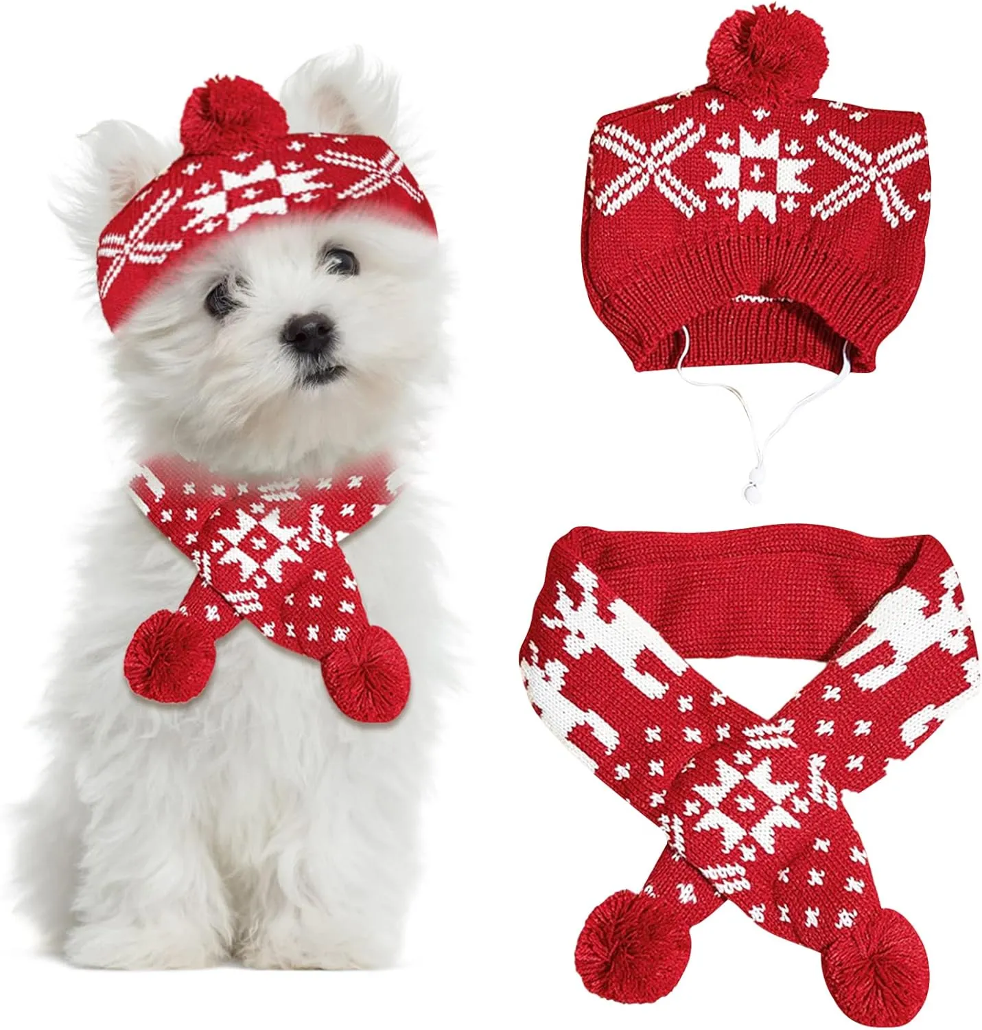 2 Pieces Christmas Pet Hat Scarf Set Winter Warm Puppy Collar Knitting Pet Hat Dog Cat Costume Accessories Adjustable Print Scarf and Hat for Small to Medium Pets (Small, Snowflake)