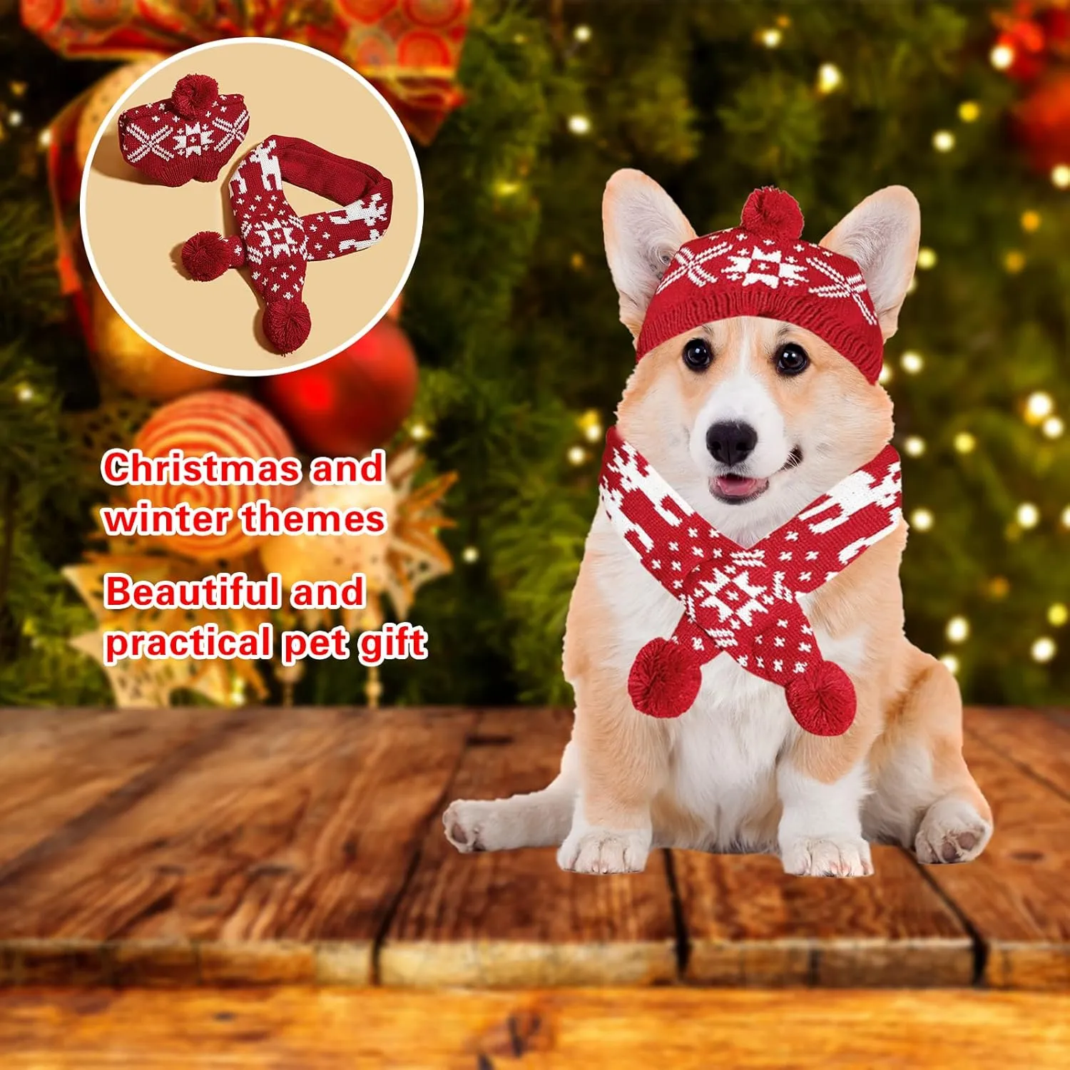 2 Pieces Christmas Pet Hat Scarf Set Winter Warm Puppy Collar Knitting Pet Hat Dog Cat Costume Accessories Adjustable Print Scarf and Hat for Small to Medium Pets (Small, Snowflake)