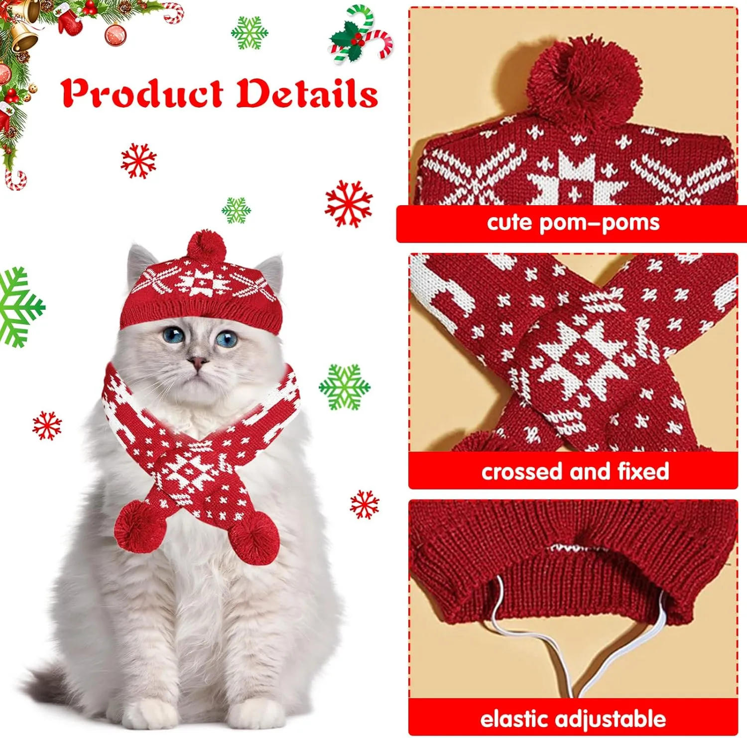 2 Pieces Christmas Pet Hat Scarf Set Winter Warm Puppy Collar Knitting Pet Hat Dog Cat Costume Accessories Adjustable Print Scarf and Hat for Small to Medium Pets (Small, Snowflake)