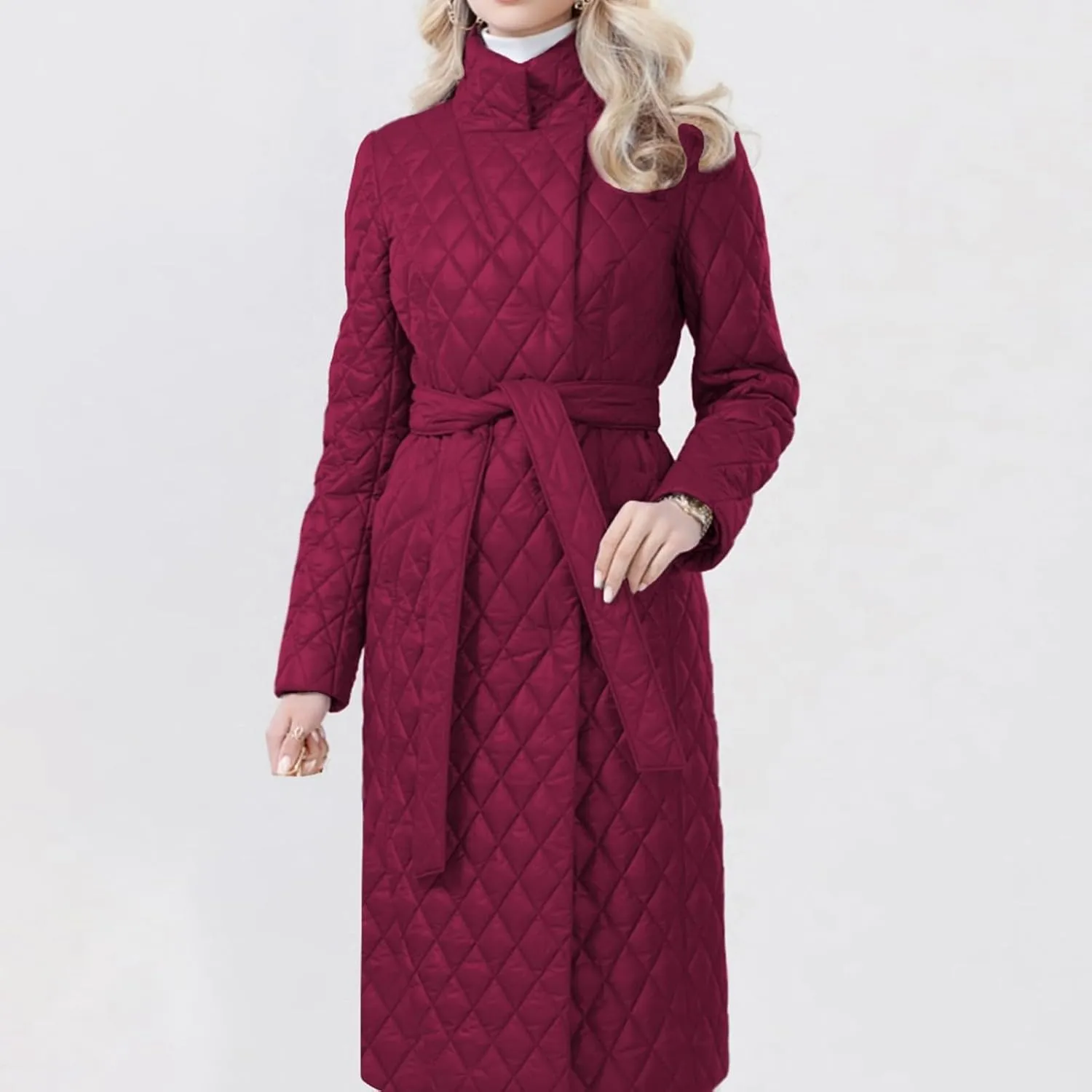 2023 Womens Down Jackets Long Quilted Lightweight Puffer Coat Windproof Warm Winter Jacket Trendy Casual Outerwear With Belt
