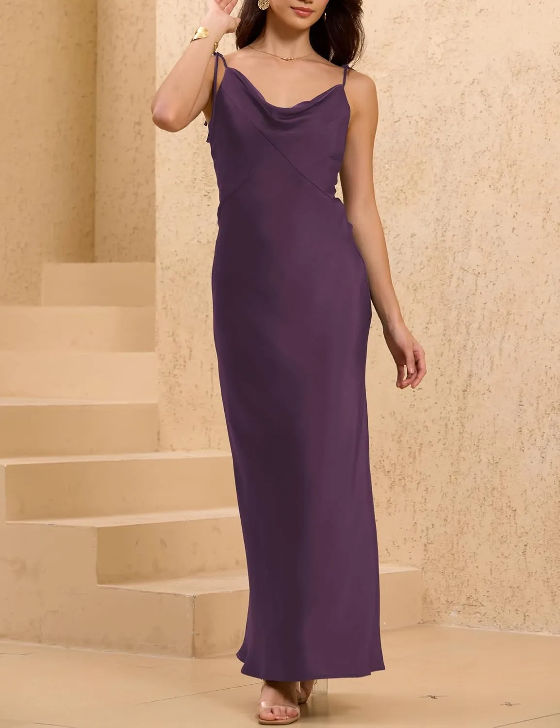 2025 Satin Cowl Neck Spaghetti Strap Slip Maxi Dress for Women Tie Strap Formal Wedding Guest Dresses with Slit