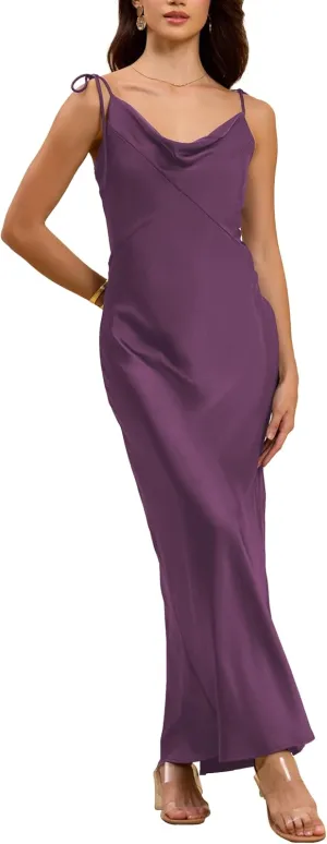 2025 Satin Cowl Neck Spaghetti Strap Slip Maxi Dress for Women Tie Strap Formal Wedding Guest Dresses with Slit