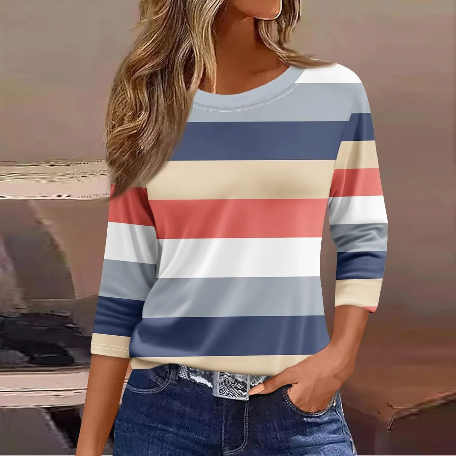 2025 Summer Shirts for Women 3/4 Length Sleeve Crewneck Tops Casual Loose Fit Shirt Floral Printed Cute Blouse