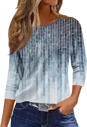 2025 Summer Shirts for Women 3/4 Length Sleeve Crewneck Tops Casual Loose Fit Shirt Floral Printed Cute Blouse