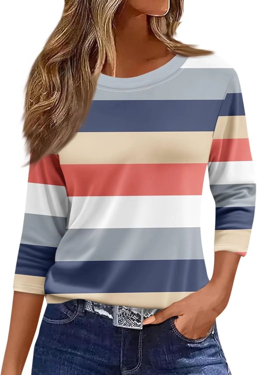 2025 Summer Shirts for Women 3/4 Length Sleeve Crewneck Tops Casual Loose Fit Shirt Floral Printed Cute Blouse