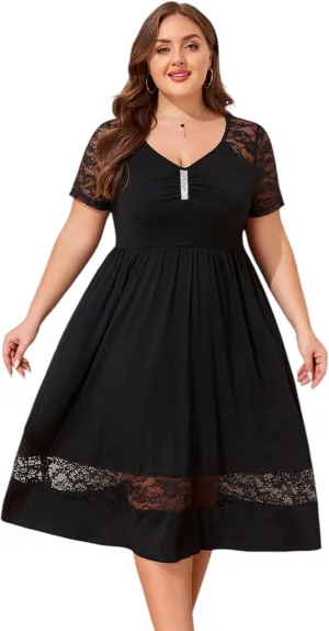 2025 Women Plus Size Lace Summer Dress - V Neck Elegant Casual Black Midi Dress with Pockets