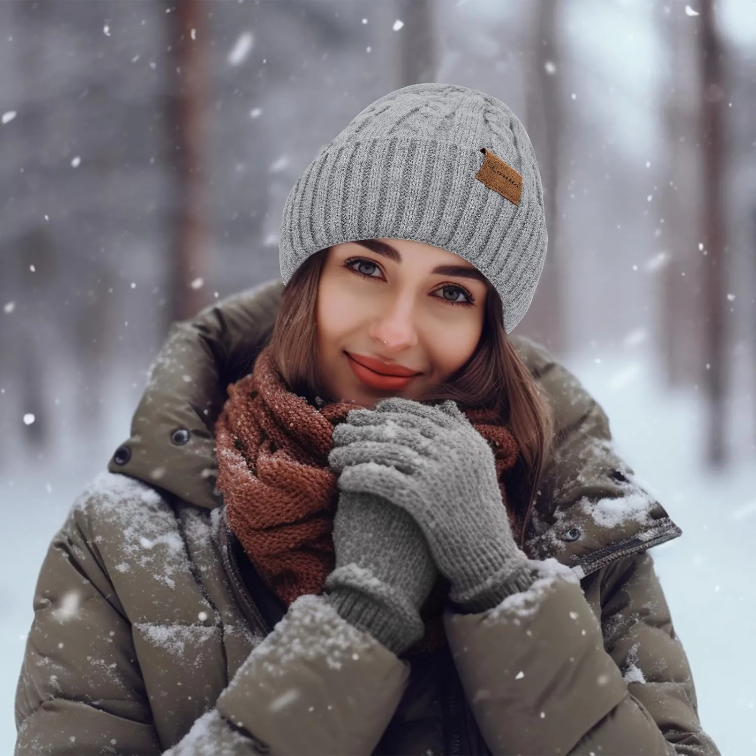 3 Pieces Winter Beanie Hat Scarf Touch Screen Gloves Set Thick Warm Knit Skull Cap Fleece Lined Scarves Gifts for Women