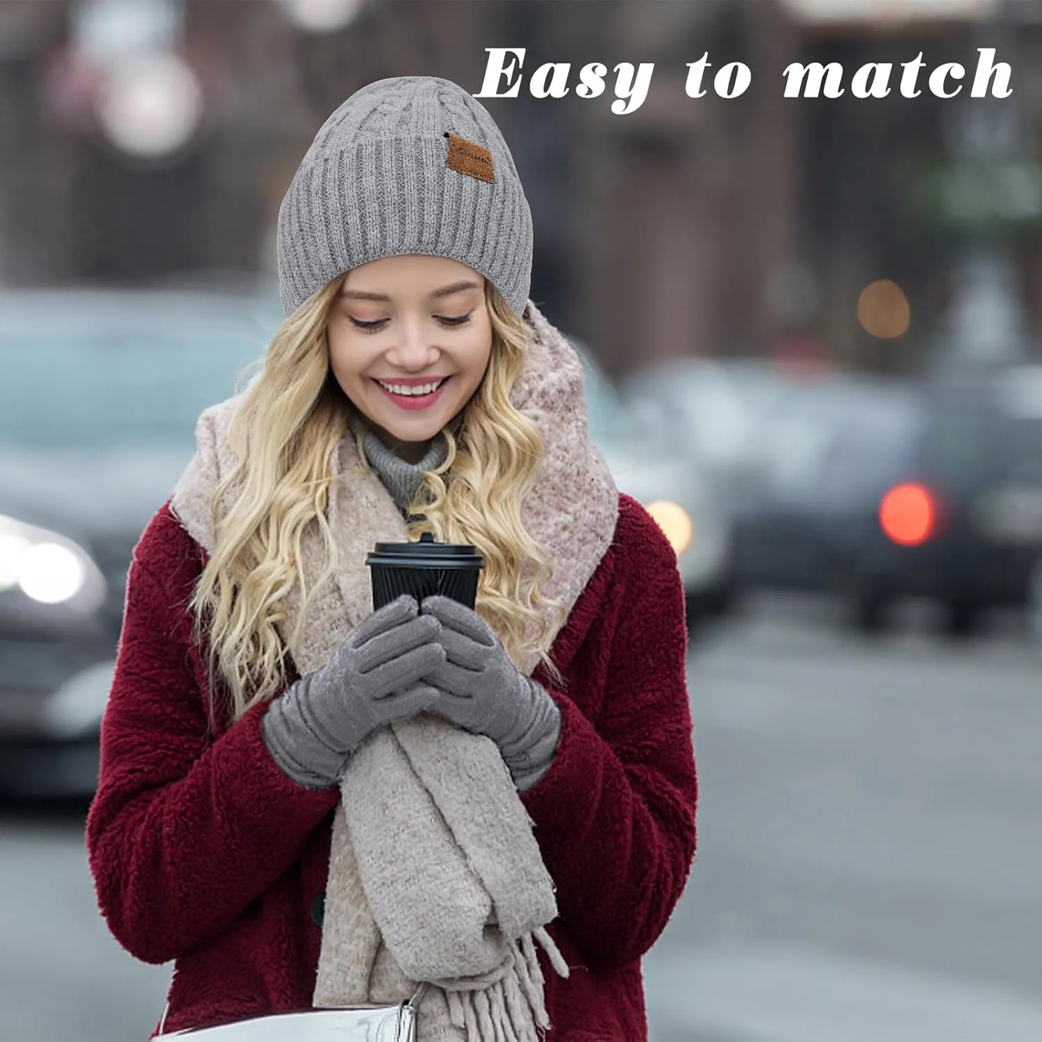 3 Pieces Winter Beanie Hat Scarf Touch Screen Gloves Set Thick Warm Knit Skull Cap Fleece Lined Scarves Gifts for Women