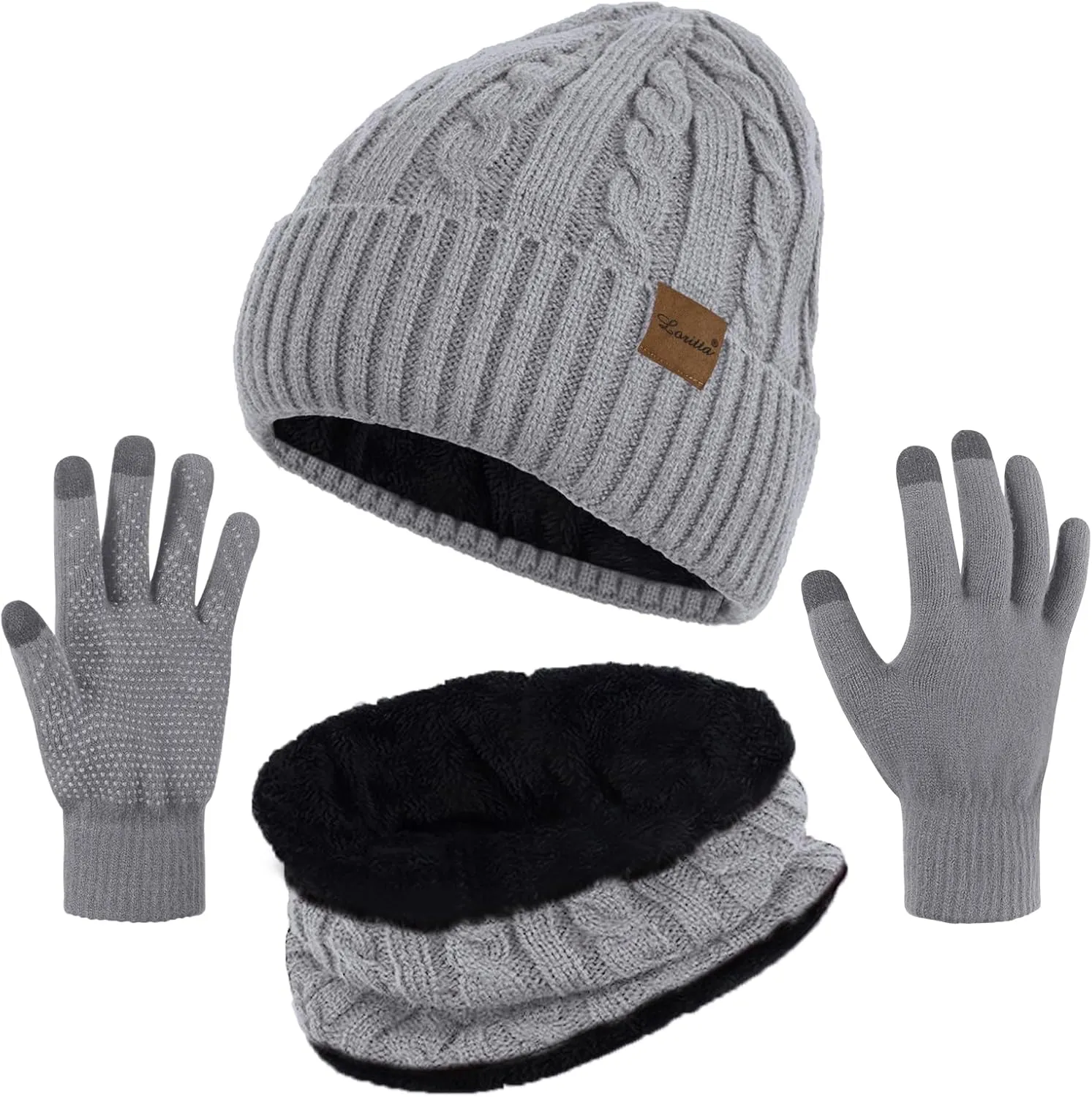 3 Pieces Winter Beanie Hat Scarf Touch Screen Gloves Set Thick Warm Knit Skull Cap Fleece Lined Scarves Gifts for Women