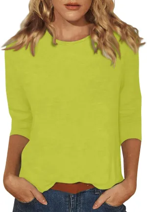3/4 Length Sleeve Womens Tops Casual Loose Fit Crewneck T Shirts Cute Solid Three Quarter Length Tunic Tops