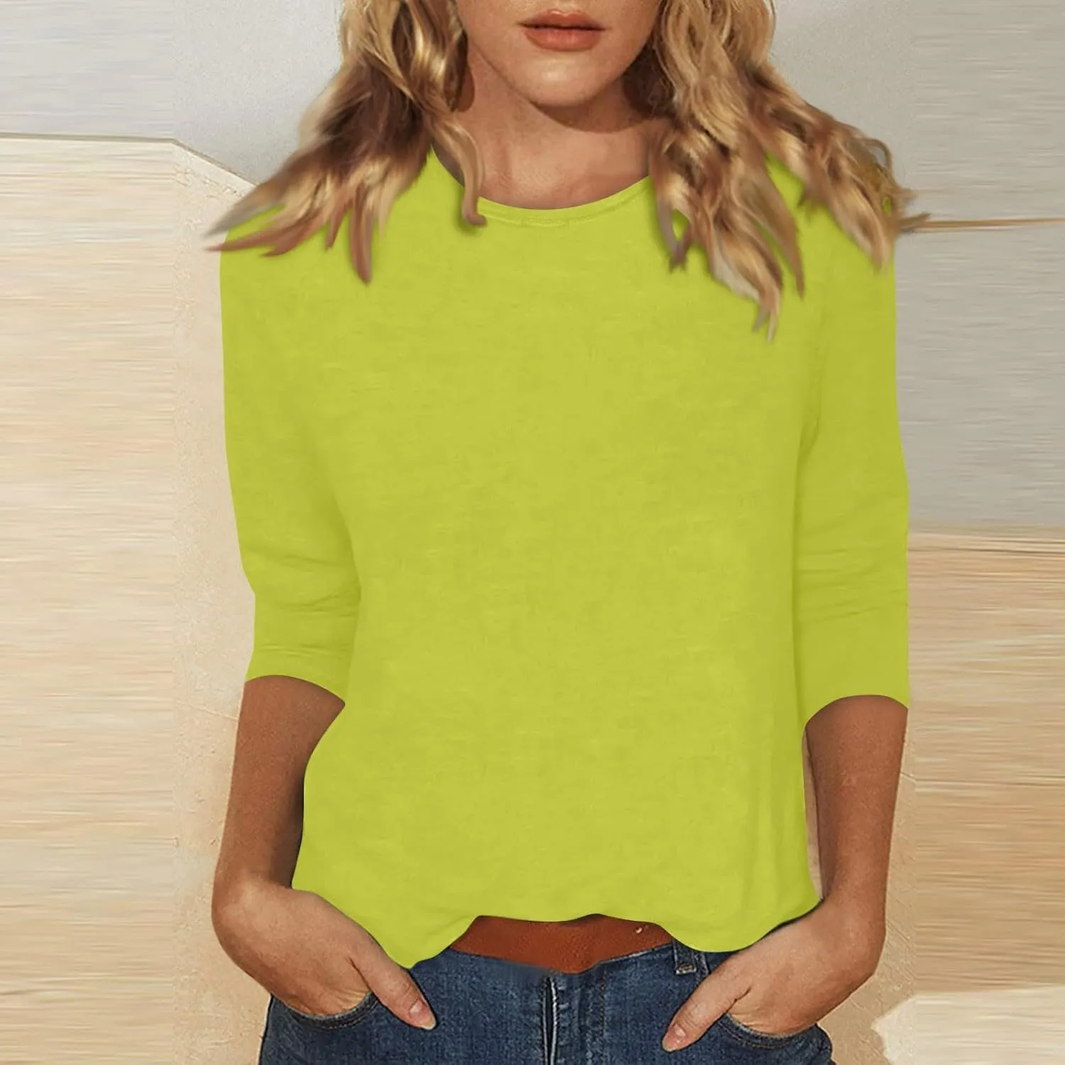 3/4 Length Sleeve Womens Tops Casual Loose Fit Crewneck T Shirts Cute Solid Three Quarter Length Tunic Tops