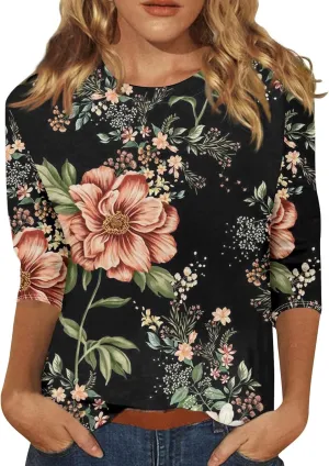 3/4 Length Sleeve Womens Tops Casual Loose Fit Crewneck T Shirts Cute Solid Three Quarter Length Tunic Tops