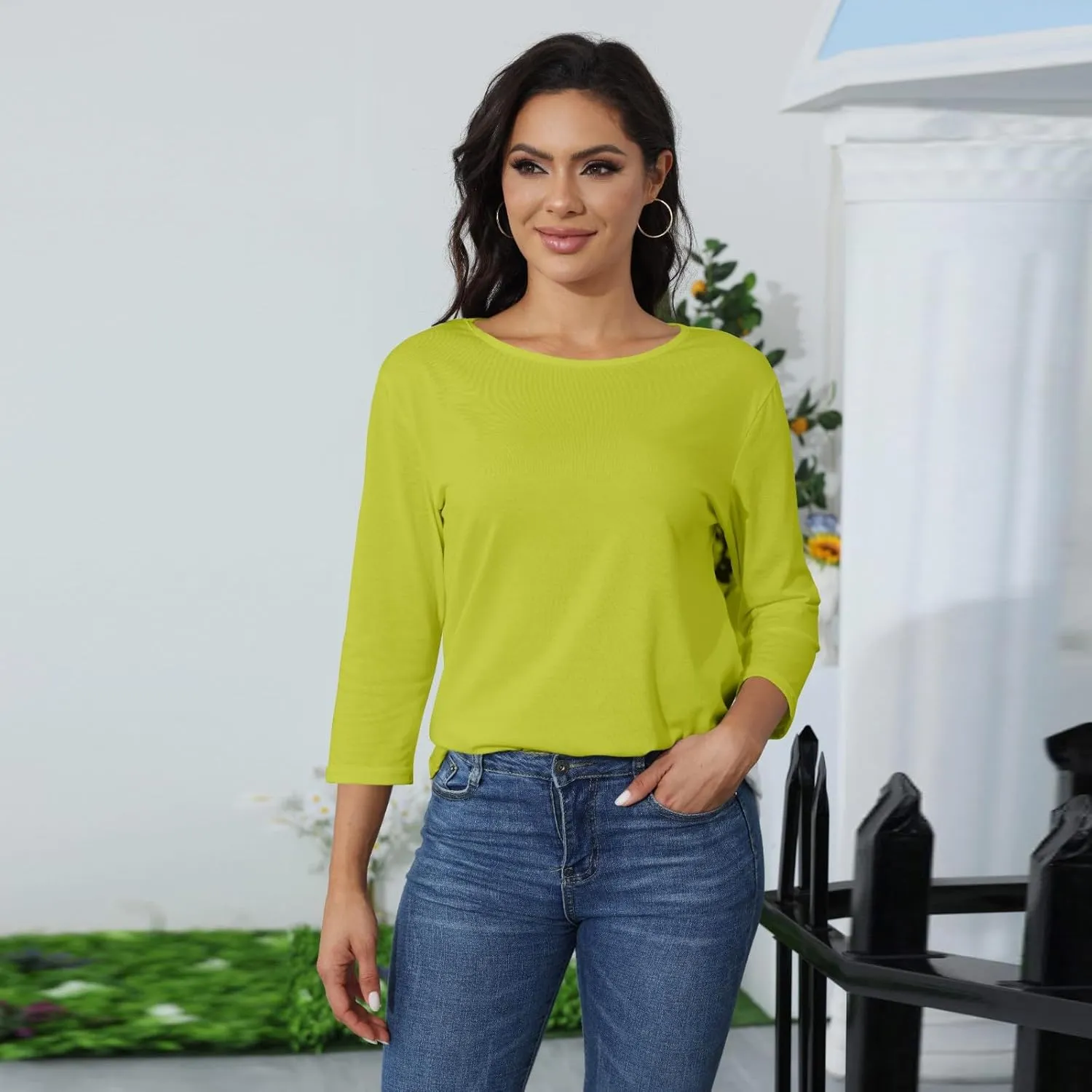 3/4 Length Sleeve Womens Tops Casual Loose Fit Crewneck T Shirts Cute Solid Three Quarter Length Tunic Tops