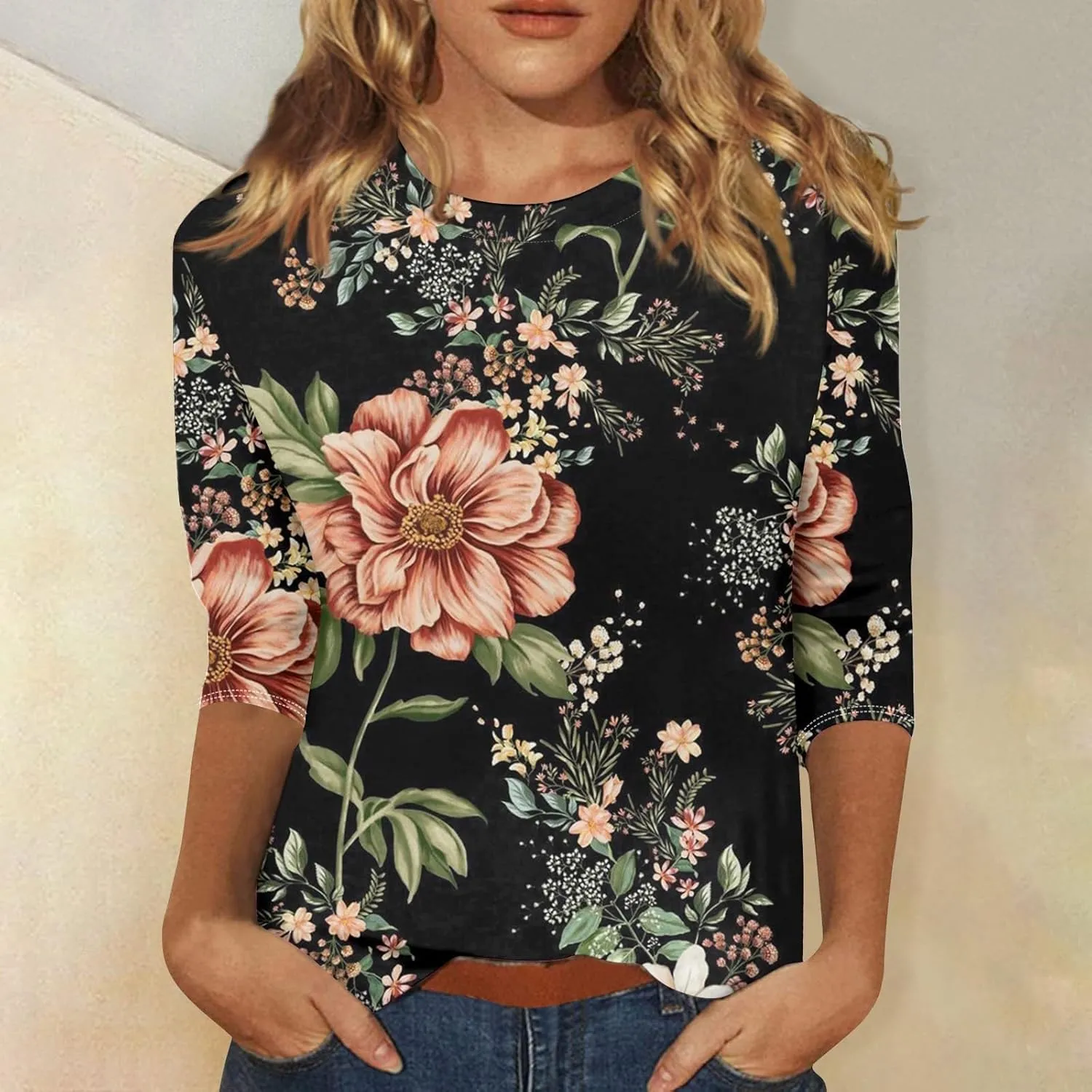 3/4 Length Sleeve Womens Tops Casual Loose Fit Crewneck T Shirts Cute Solid Three Quarter Length Tunic Tops
