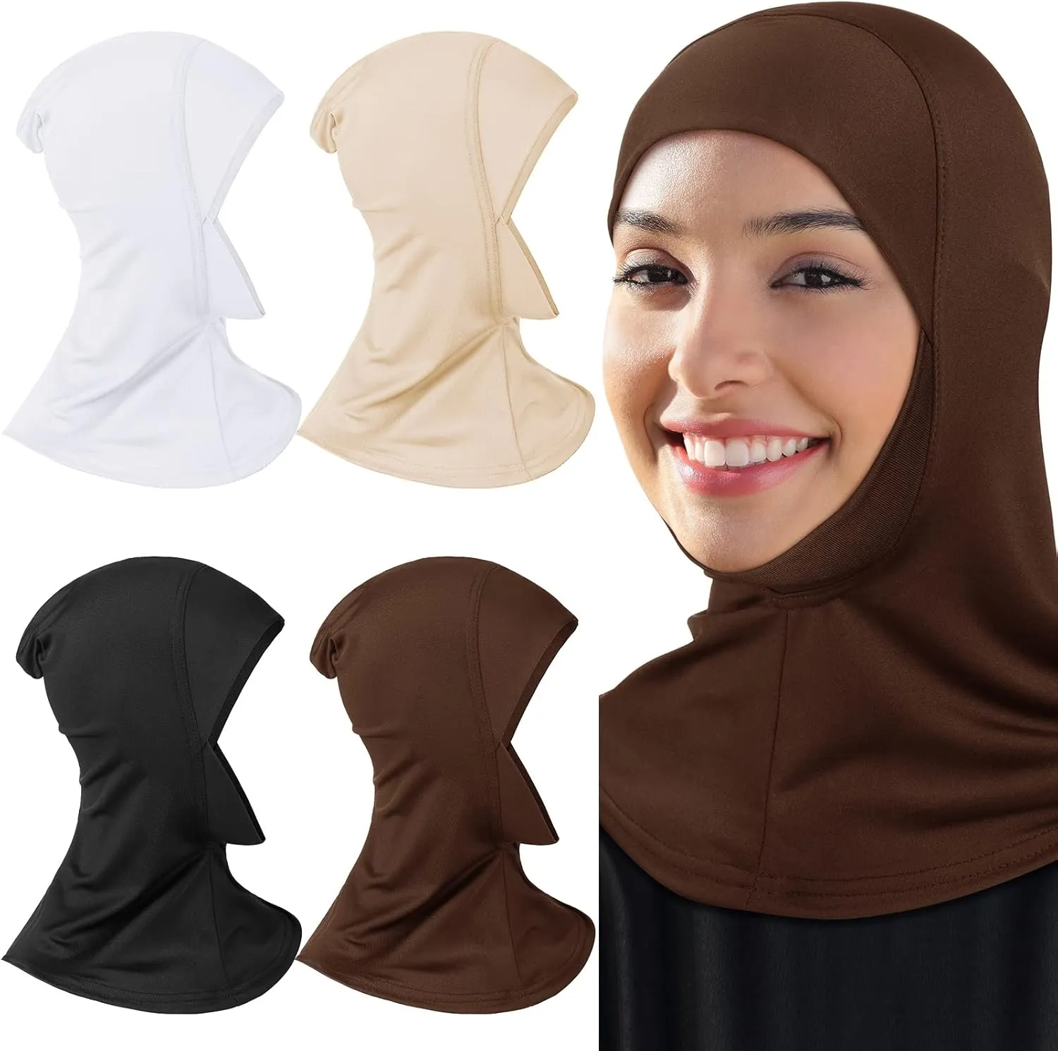 4 Pieces Modal Hijab Cap Adjustable Muslim Stretchy Turban Full Cover Shawl Cap Full Neck Coverage for Lady
