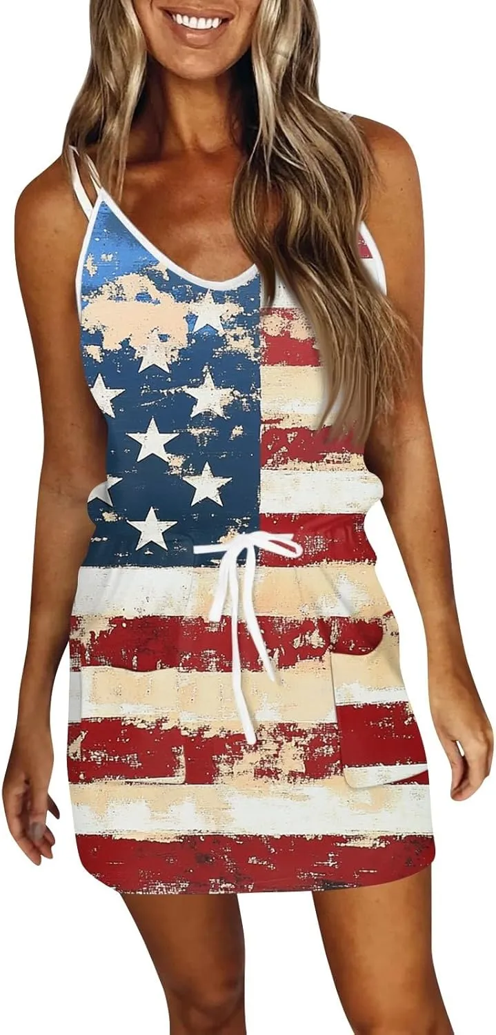 4th of July Dresses for Women Sleeveless V-Neck Red White and Blue Dress Patriotic Spaghetti Strap Mini Sundresses