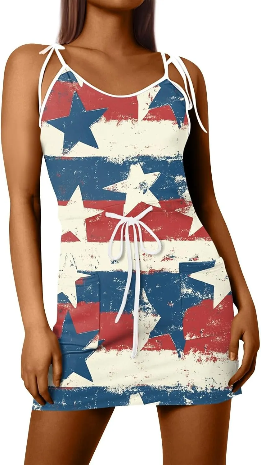 4th of July Dresses for Women Sleeveless V-Neck Red White and Blue Dress Patriotic Spaghetti Strap Mini Sundresses