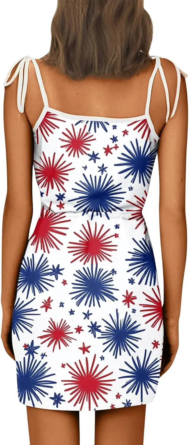 4th of July Dresses for Women Sleeveless V-Neck Red White and Blue Dress Patriotic Spaghetti Strap Mini Sundresses