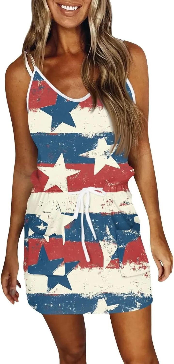 4th of July Dresses for Women Sleeveless V-Neck Red White and Blue Dress Patriotic Spaghetti Strap Mini Sundresses