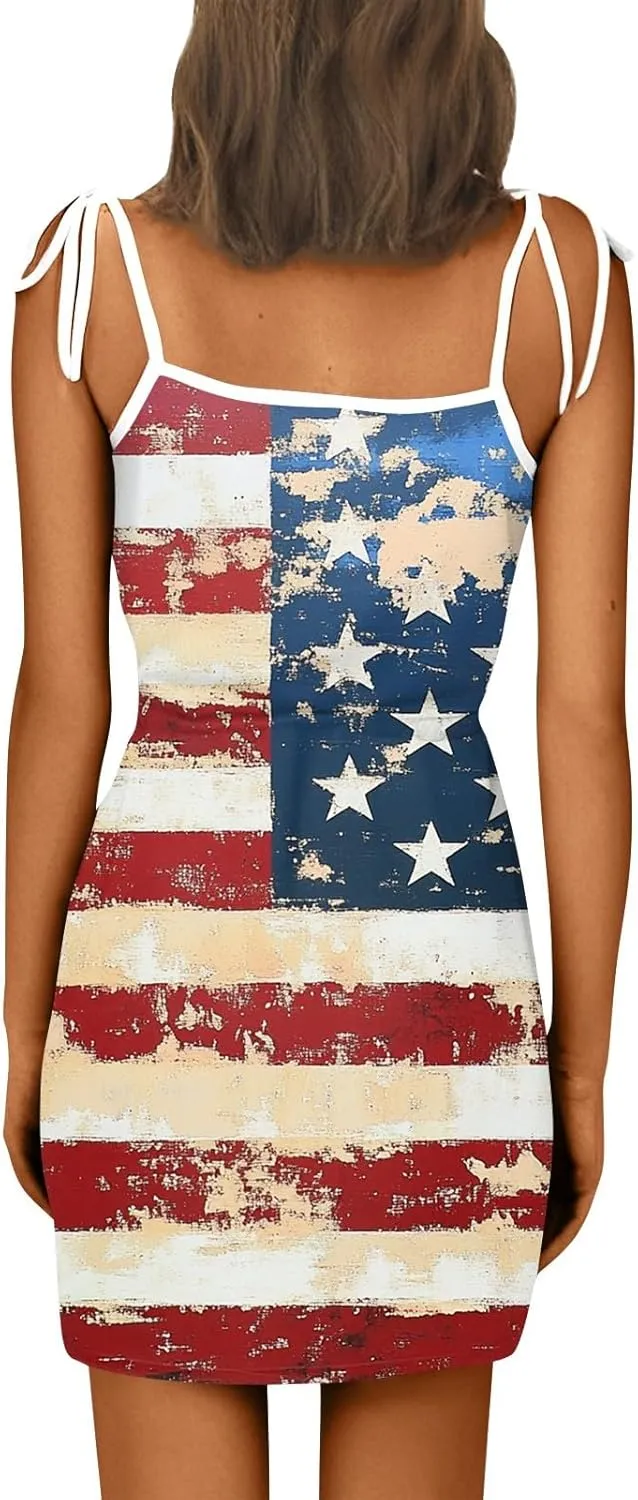 4th of July Dresses for Women Sleeveless V-Neck Red White and Blue Dress Patriotic Spaghetti Strap Mini Sundresses