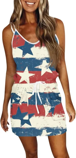 4th of July Dresses for Women Sleeveless V-Neck Red White and Blue Dress Patriotic Spaghetti Strap Mini Sundresses