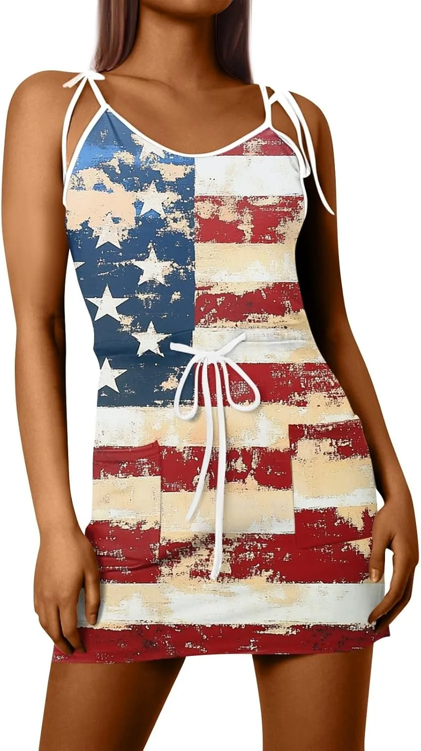 4th of July Dresses for Women Sleeveless V-Neck Red White and Blue Dress Patriotic Spaghetti Strap Mini Sundresses