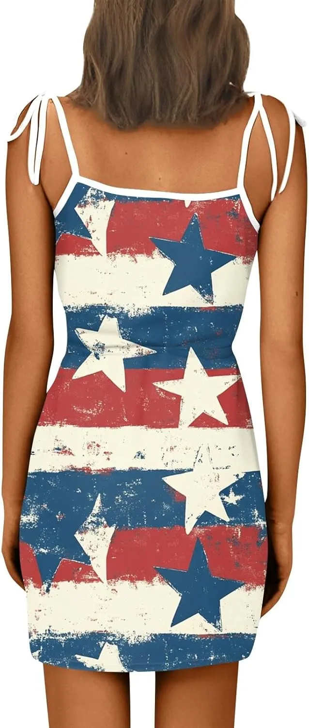 4th of July Dresses for Women Sleeveless V-Neck Red White and Blue Dress Patriotic Spaghetti Strap Mini Sundresses