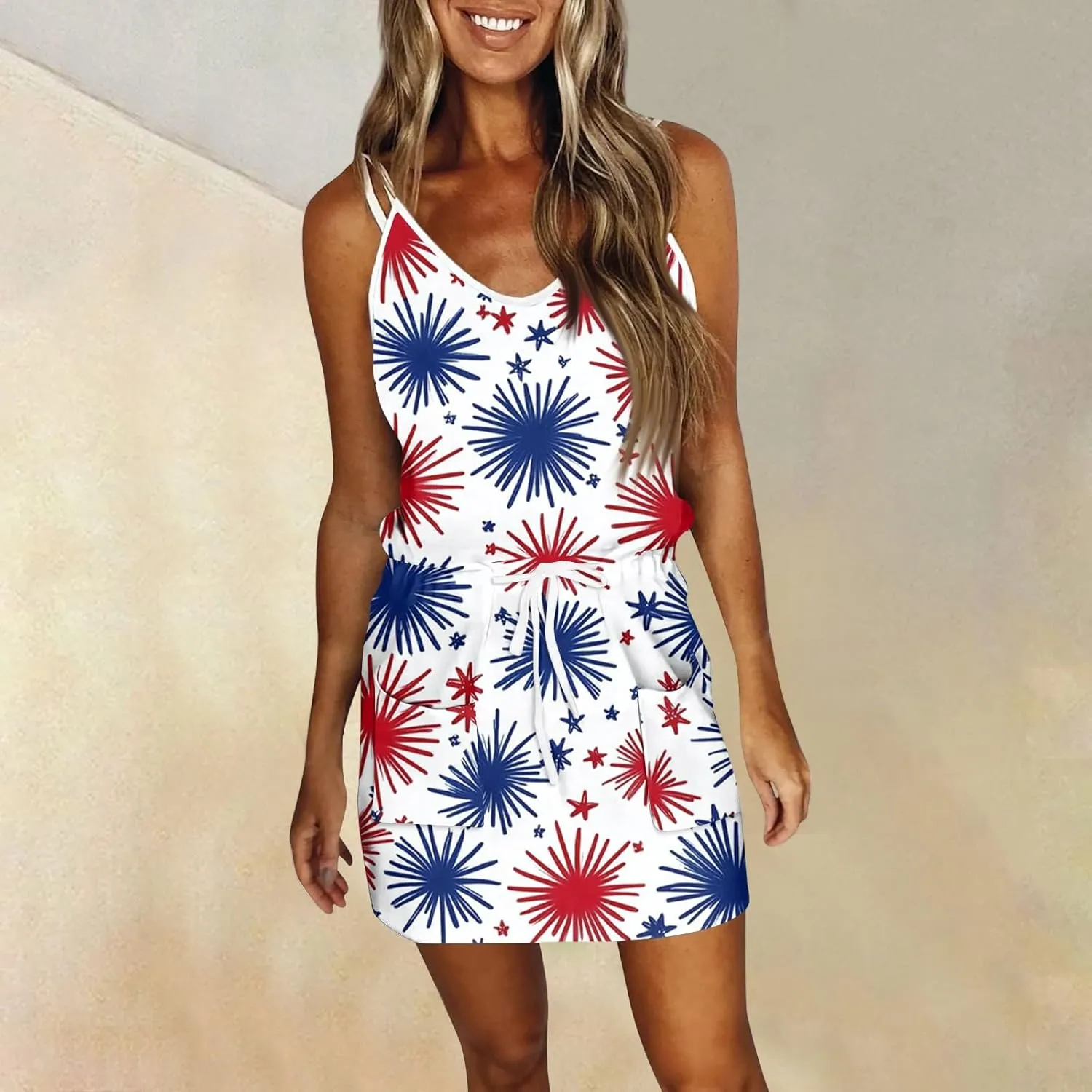 4th of July Dresses for Women Sleeveless V-Neck Red White and Blue Dress Patriotic Spaghetti Strap Mini Sundresses