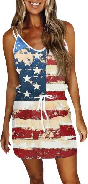 4th of July Dresses for Women Sleeveless V-Neck Red White and Blue Dress Patriotic Spaghetti Strap Mini Sundresses