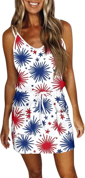 4th of July Dresses for Women Sleeveless V-Neck Red White and Blue Dress Patriotic Spaghetti Strap Mini Sundresses