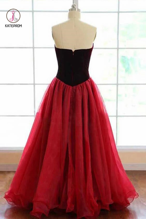 A-line Burgundy Strapless Floor-length Long Prom Dresses,Burgundy Evening Gown KPP0003