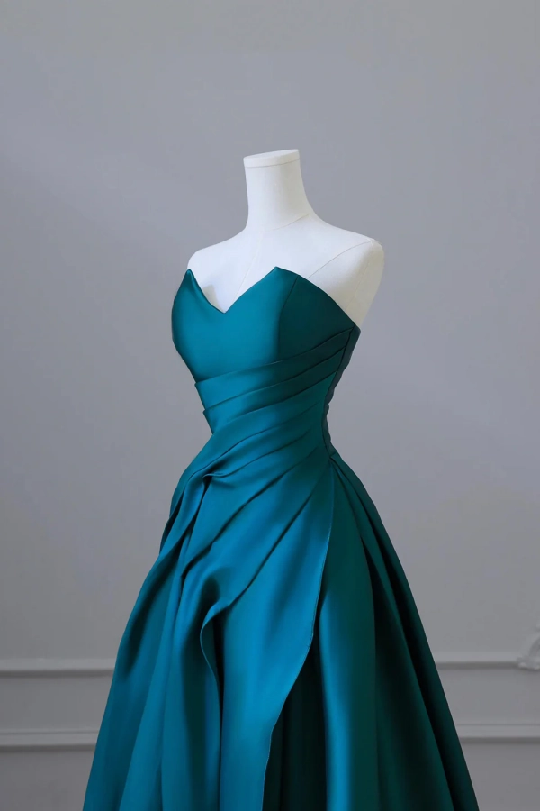 A Line Satin Floor Length Prom Dress, Blue Strapless Evening Party Dress KPP2118