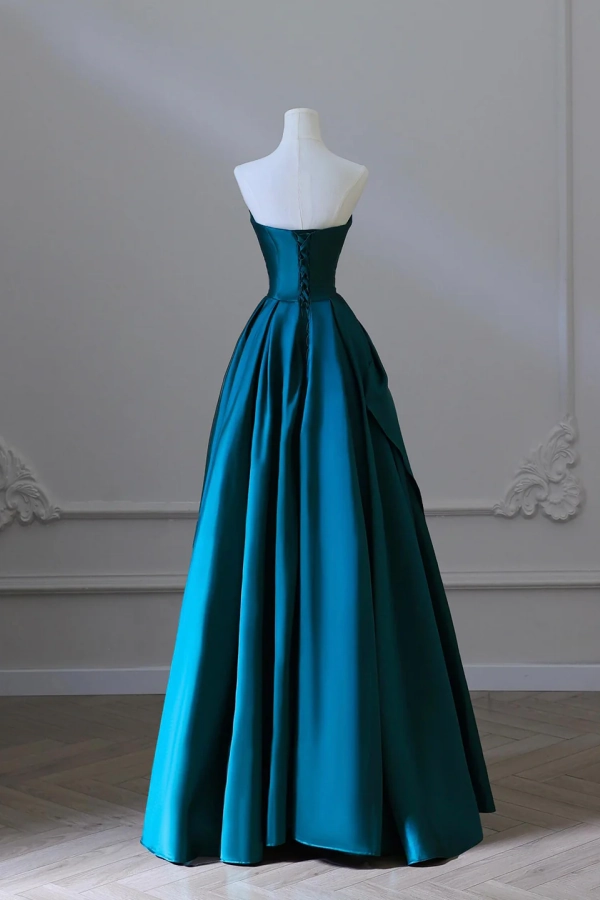 A Line Satin Floor Length Prom Dress, Blue Strapless Evening Party Dress KPP2118